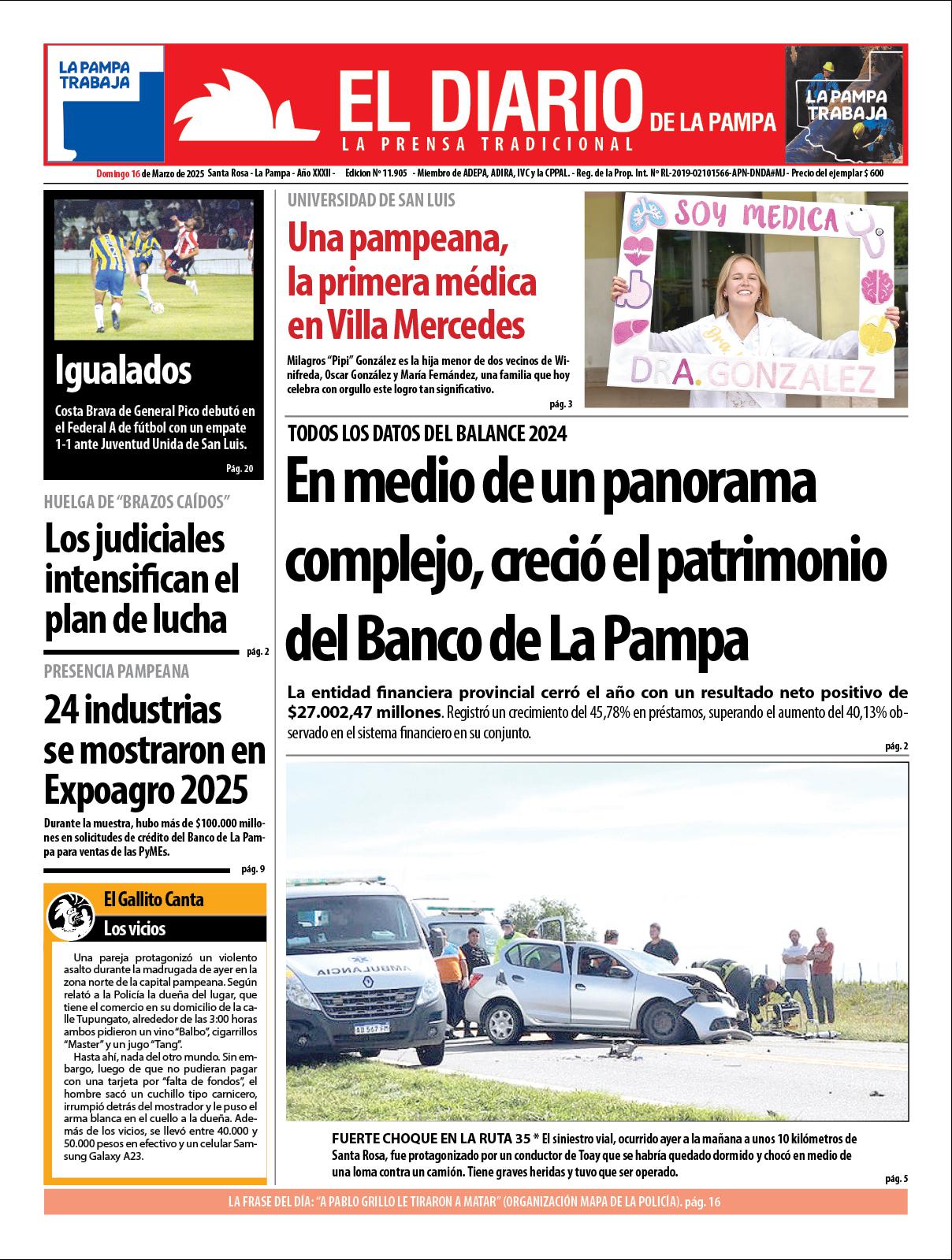 Tapa de El Diario en papel  domingo 16 de marzo de 2025